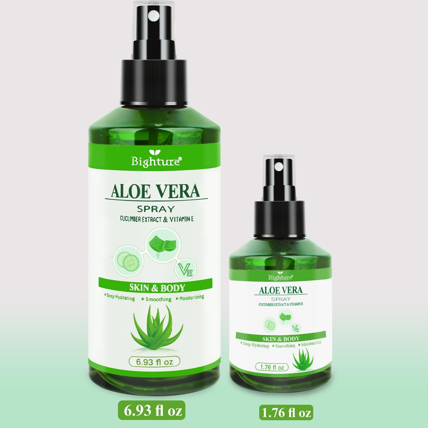 BIGHTURE Aloe Vera Spray for Whole Body Skin, Aoe Vera Spray Extract from Freshly Cut Aloe and Infused wirh Cucumber Essence，Fast Absorbing, Easy to Use, Travel Set, 1.73 oz