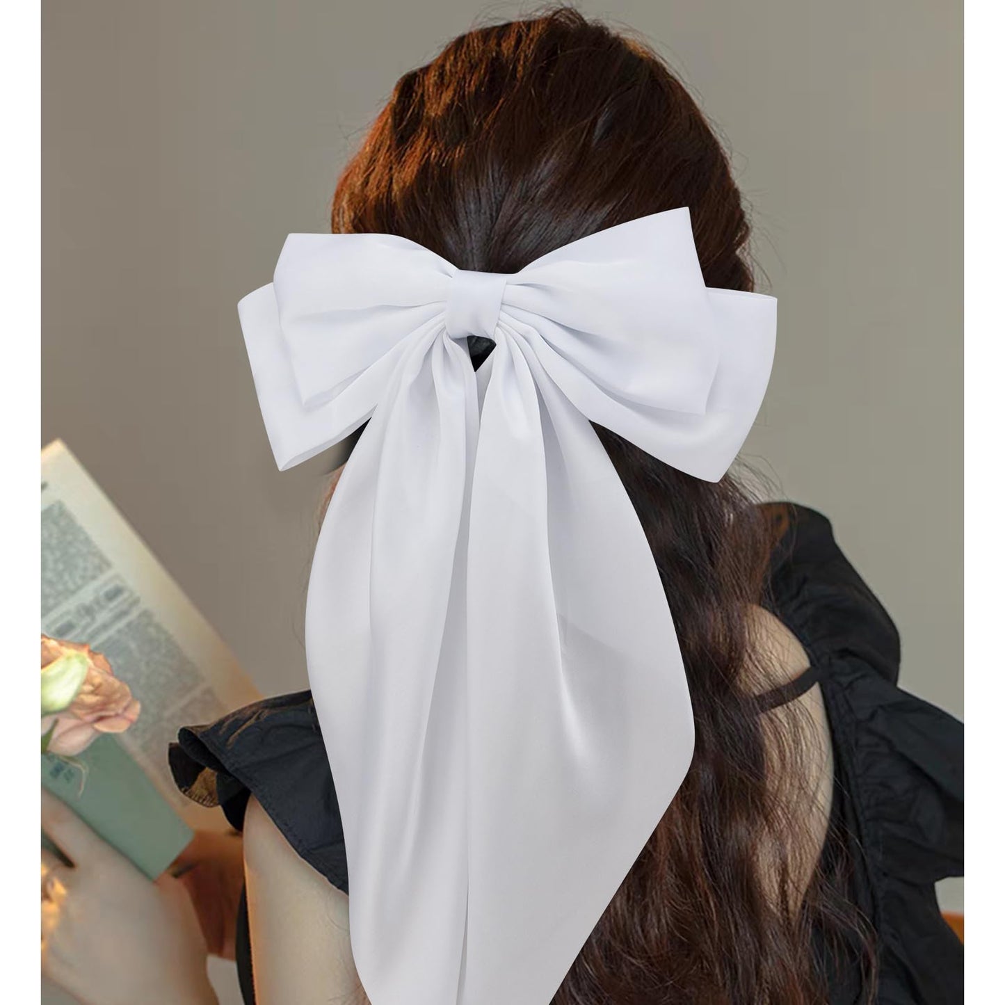 Velscrun Hair Bows for Women Girls 3Pcs White Pink Black Silky Satin Large Bows Hair Clip Oversized Hair Ribbons Long Tail Big Hair Bows Accessories