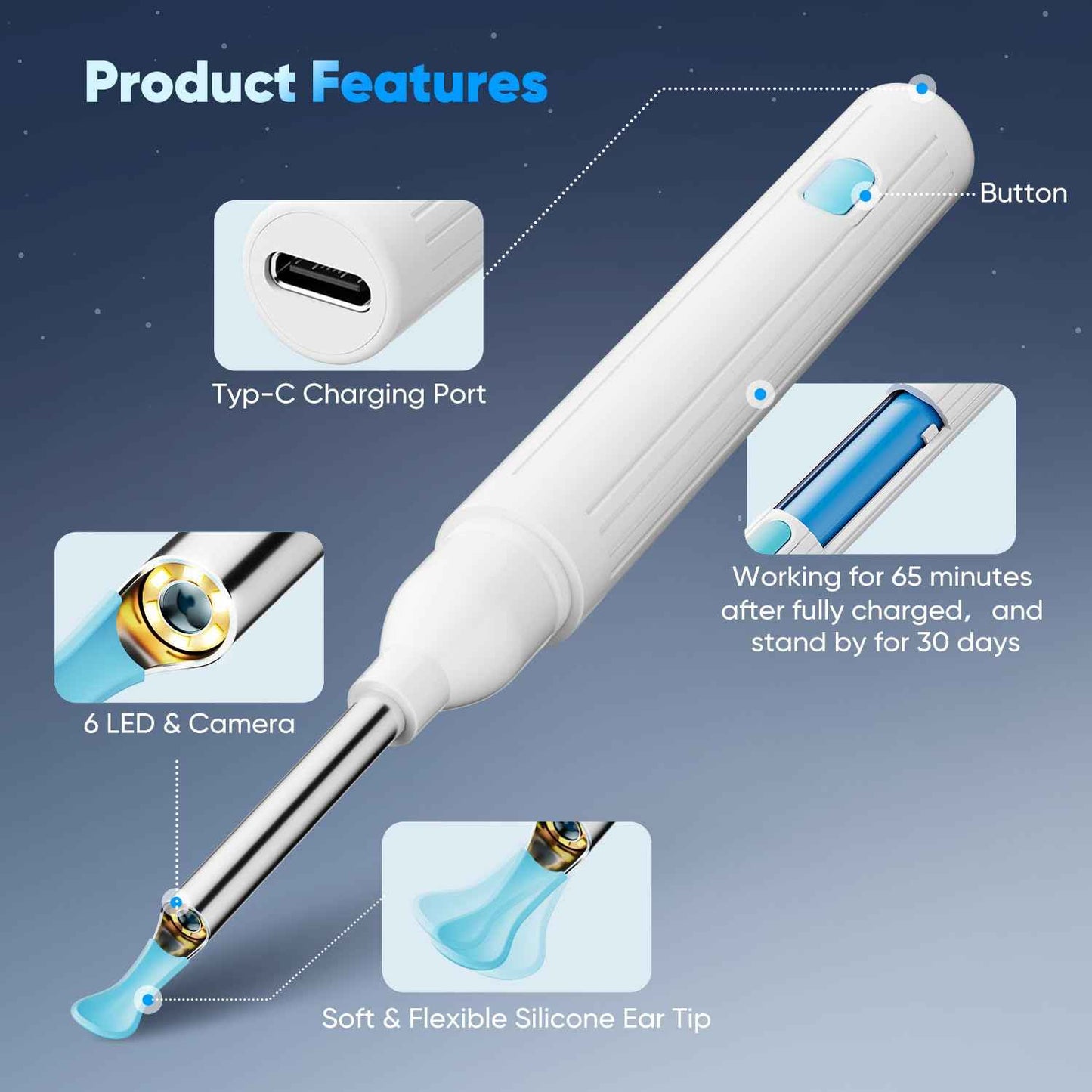 Ear Wax Removal, Ear Wax Removal Tool with 8 Kits & 5 Ear Spoon, Ear Cleaner with 2400P Camera with 6 LED Lights, Ear Wax Removal Kit for iOS & Android (White)