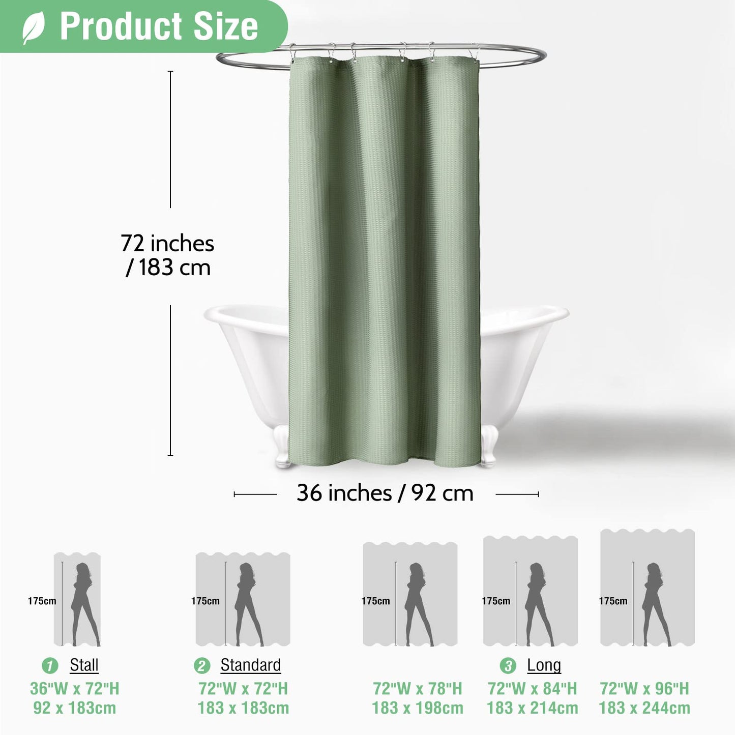 Dynamene Stall Fabric Shower Curtain - 36x72 Waffle Weave Weighted Cloth Shower Curtains for Bathroom, Neutral Heavy Duty Hotel Spa Luxury Bath Curtain Set with 6 Plastic Hooks,Sage Green