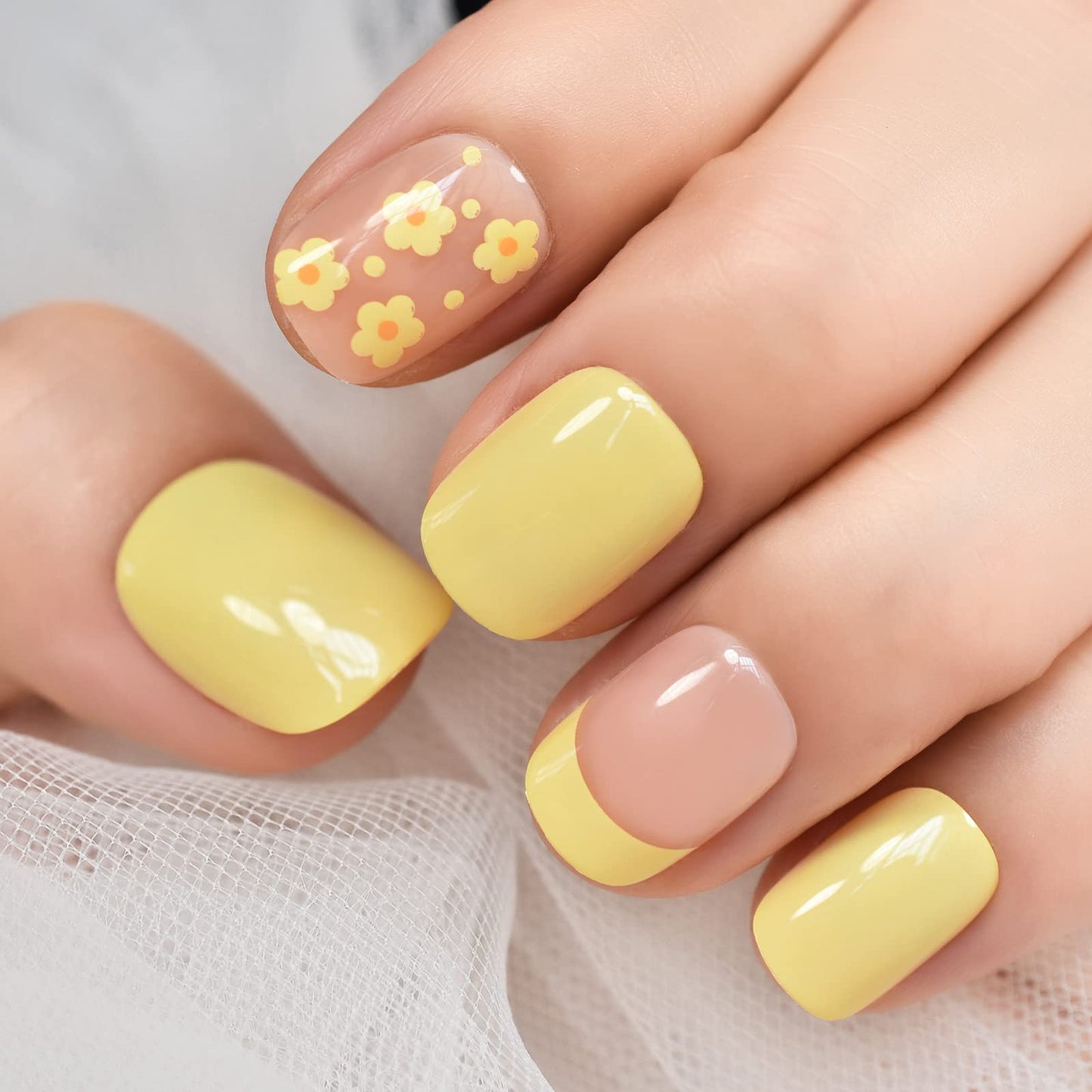 ELEVENAIL Light Yellow Flower French Press on False Nails Short Squoval Salon DIY Manicure Reusable Fake Acrylic Nail Art Tips Gifts for Daily Office Party Home