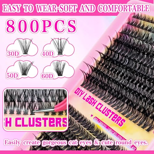 Manga Lash Clusters kit 800 PCS Fluffy Volume Lash Clusters Natural Eyelash Extensions Kit Wispy 9-16mm Individual Lash Extensions Beginner friendly At Home Lash Extensions