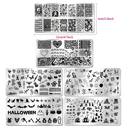 WOKOTO 6Pcs Holloween Nail Stamping Plates For Nails Snakes Skulls Witch Pumpkin Spider Nail Art Diy Stamp Plates Kit For Women Nail Art Plates Nail Designs Stamp Plates Nail Stamping Kit Tools