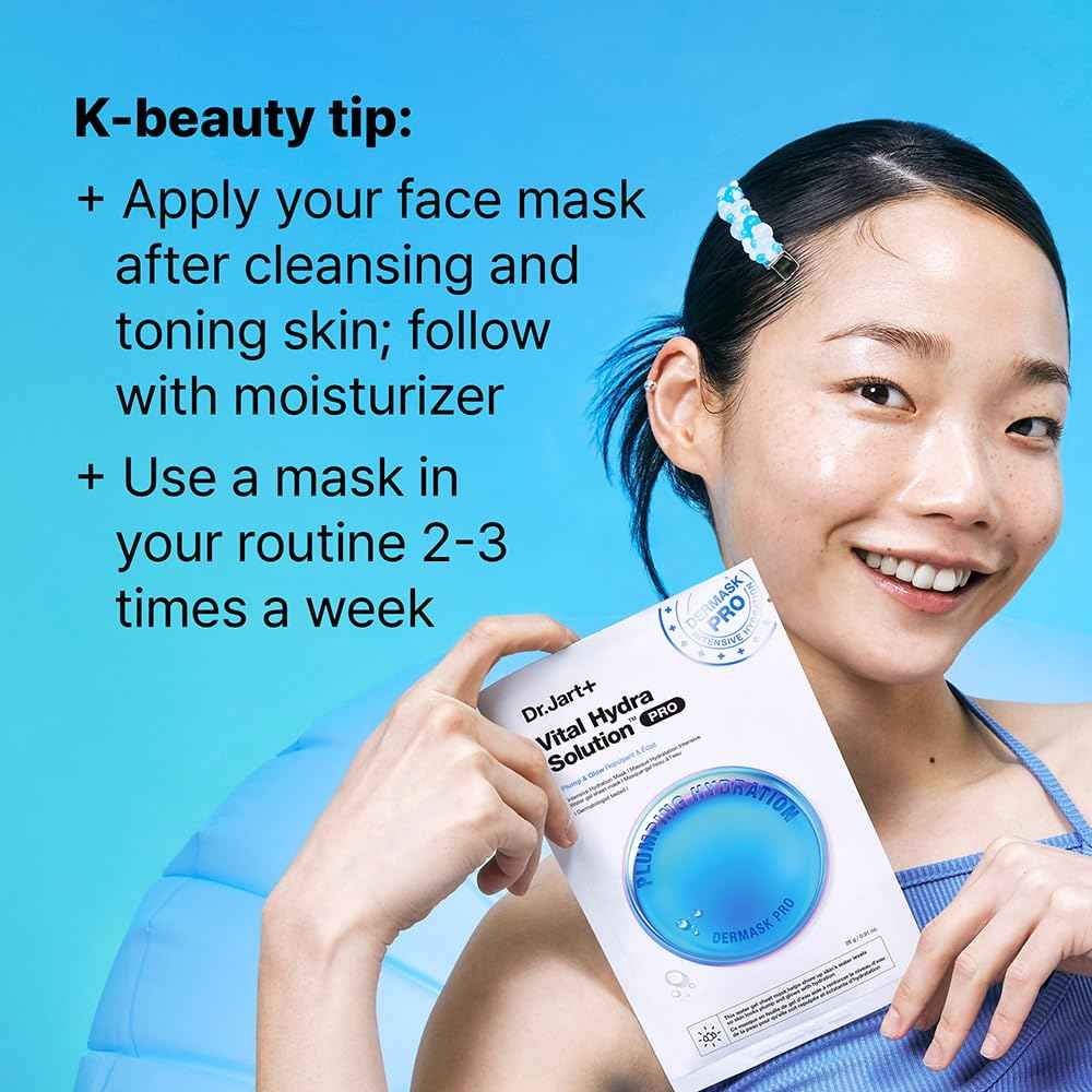 Dr.Jart+ Dermask Vital Hydra Solution Glow Korean Face Mask with Hyaluronic Acid for Glass Skin | Sheet Mask | Korean Skin Care, 5 Pack