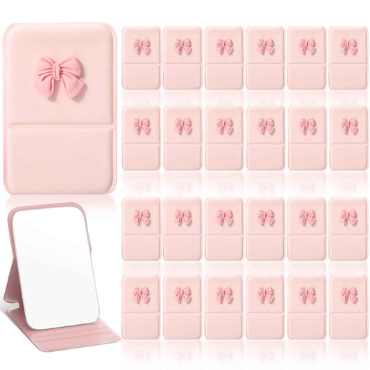 Amyhill 24pcs Coquette Pink Bow Party Favor, Compact Mirror Bulk for Women Birthday Bridal Shower Graduation, Pocket Small Mini Folding Mirrors for Bag