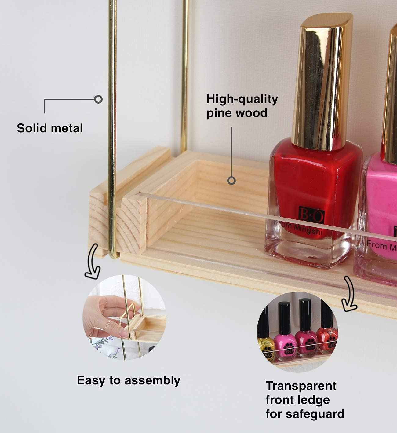 J JACKCUBE DESIGN Wall Mount Gold Metal and Wood Nail Polish Display Shelves Rack Organizer Holds 60 Bottles (5 Tier) - MK543A
