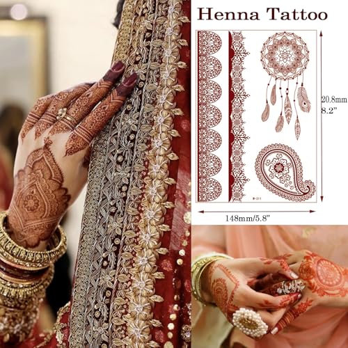 Temporary Henna Tattoo Stickers - Indian Flower Pattern Fake Tattoos for Women Body Arms Legs Hands, Halloween Costume Cosplay Wedding Beach Party Decorations 6 Pcs