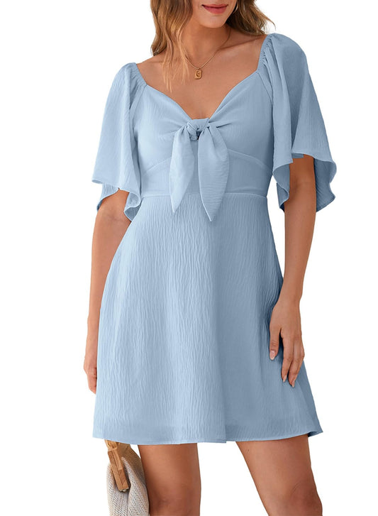 Dokotoo Cute Summer Dresses for Women 2024 Fashion Fall Outfits Wedding Guest Dresses for Women Sexy V-Neck Drawstring Cap Sleeve Elegant Solid Color Mini Dress Blue