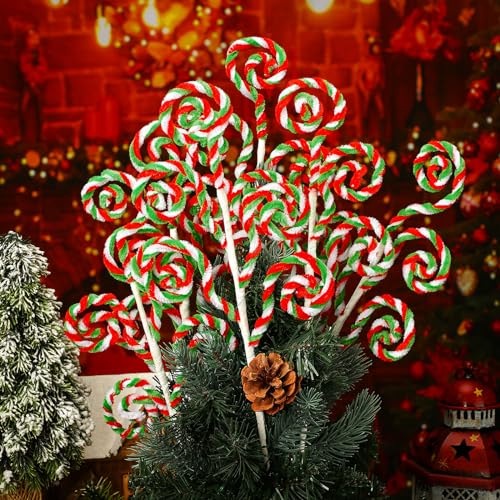 Gerrii 16 Inch Red White Green Christmas Tree Picks Decoration Candy Cane Woolen Bells Curly Pick Lollipop Large for Xmas Tree Topper Decor Vase Filler Craft Wreath Holiday Party Ornament (12 Pcs)