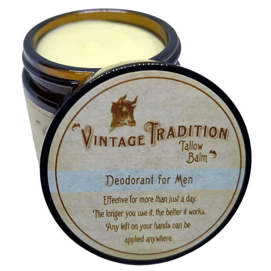 Vintage Tradition Beef Tallow Mens Natural Deodorant – 2 Fl. Oz. Travel Size Deodorant with Olive Oil, Fir Tree and Thyme Essential Oil Blend – Aluminum- and Chemical-Free Underarm Balm