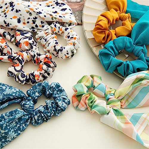 Beige and Black Chiffon Scrunchies with Bows, Ribbon Hair Ties and Ponytail Holders for Women and Girls (Plaid, Flower - 4Pcs)