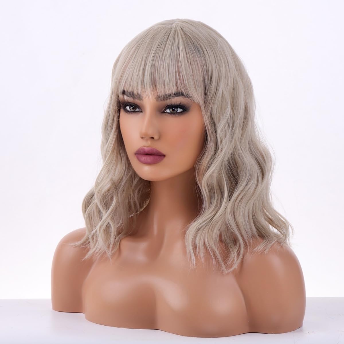 WTHCOS Brown Wig with Bangs Short Brown Wig for Women Black Mix Brown Wig Short Curly Wavy Brown Bob Wig Synthetic Wig for Daily Party Wig Cap Include