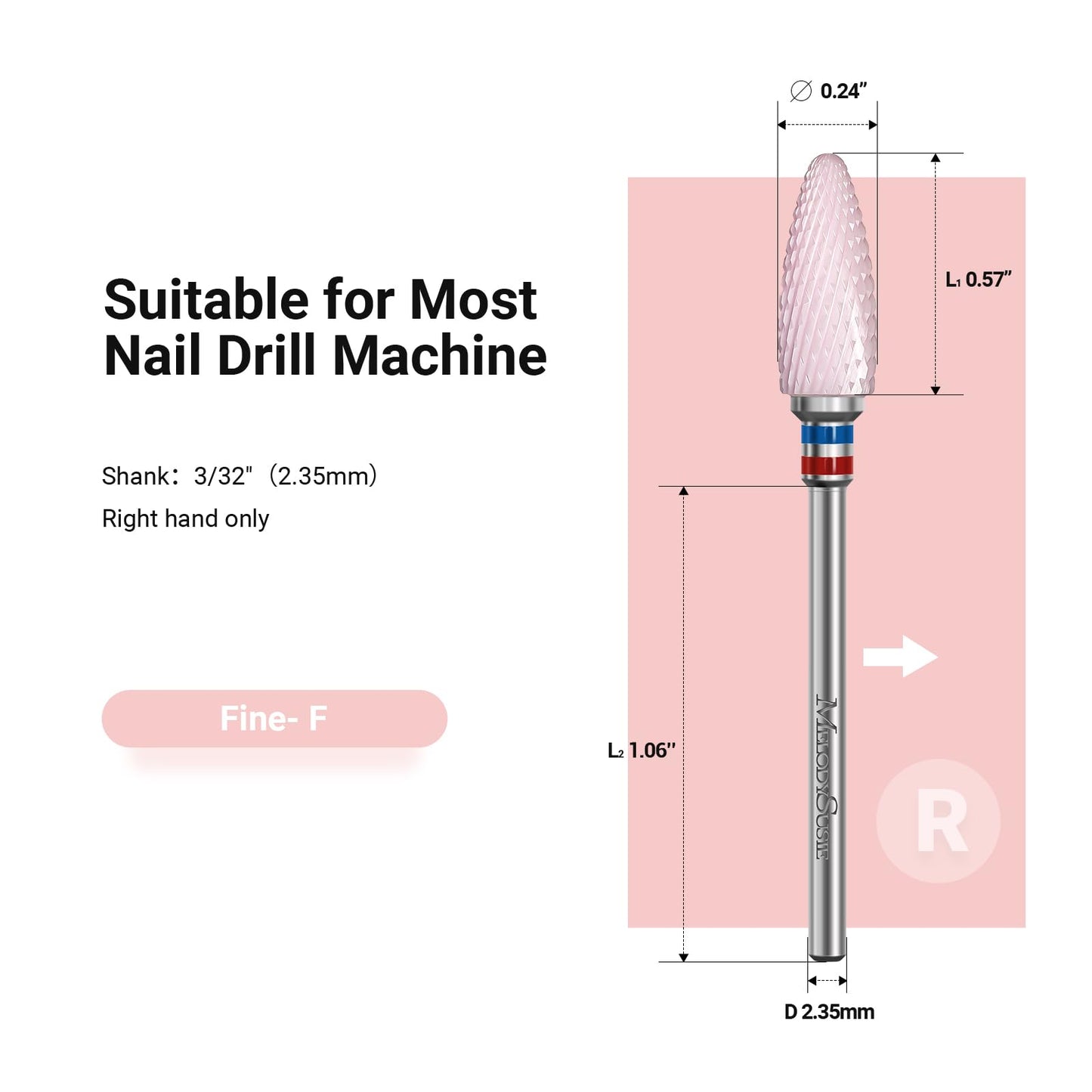 MelodySusie Ceramic Nail Drill Bit, 3/32'' (2.35mm) Professional Acrylic Nail File Flame Drill Bit for Manicure Pedicure Cuticle Gel Nail Polishing, Beginners Bits, Pink, Series Bit-S, Fine