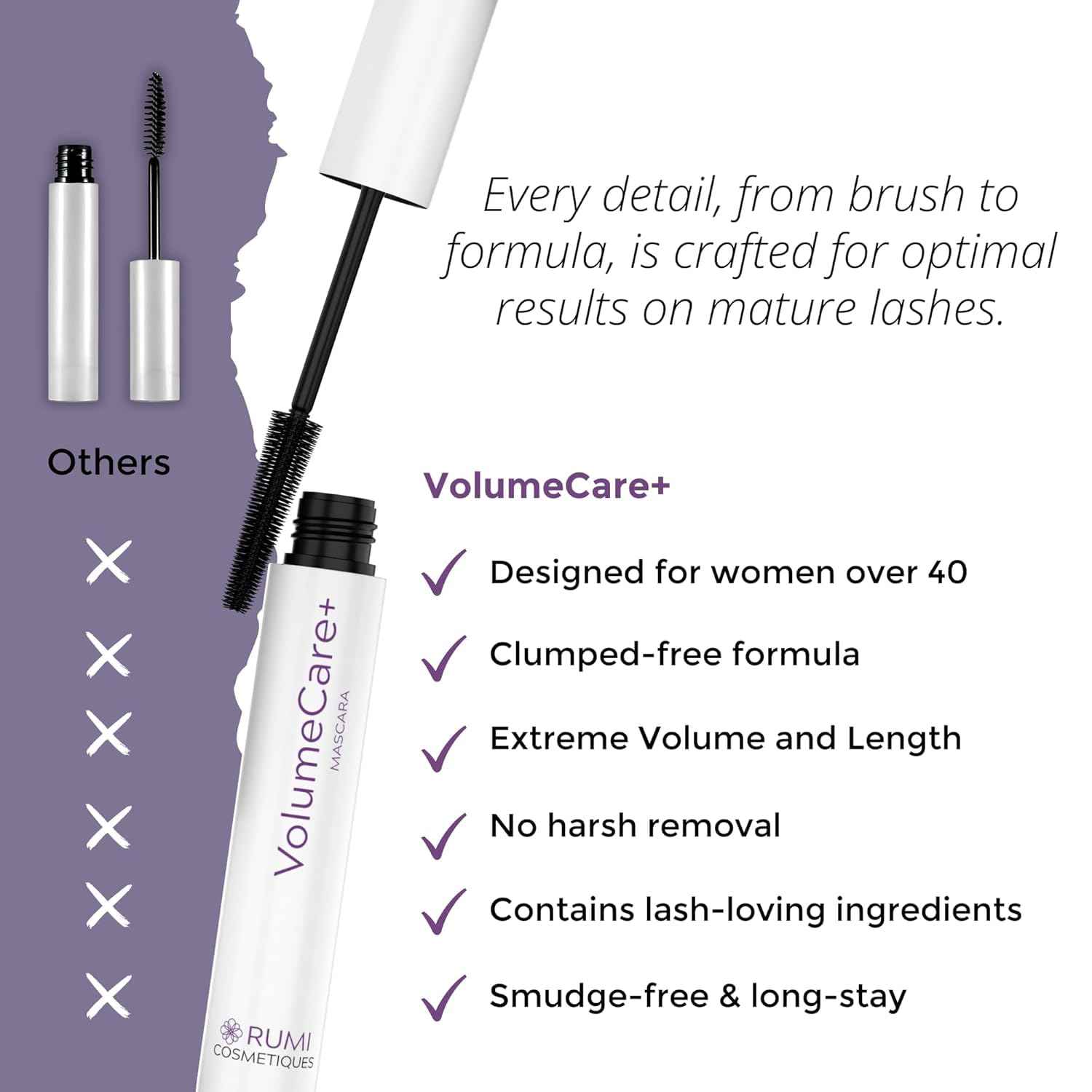 Rumi Cosmetiques VolumeCare+ Mascara For Mature Women - Extreme Length and Volume 2-in-1 Formula - No Clumps or Flaking, Long-Wearing, Hypoallergenic Mascara For Sensitive Eyes (Natural Black)