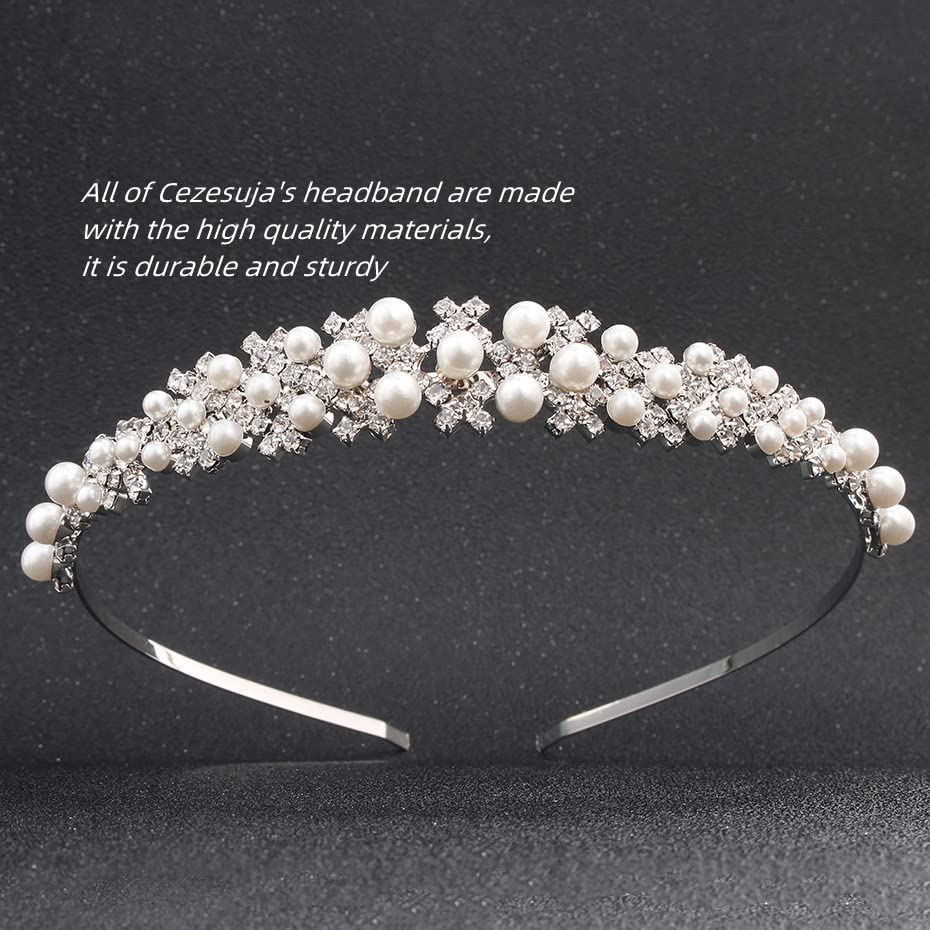 Cezesuja Wedding Rhinestone Headband, Crystal and Faux Pearl Crown for Bride Bridesmaids Tiara Hairband Simple Design Daily hair accessories (Silver B)