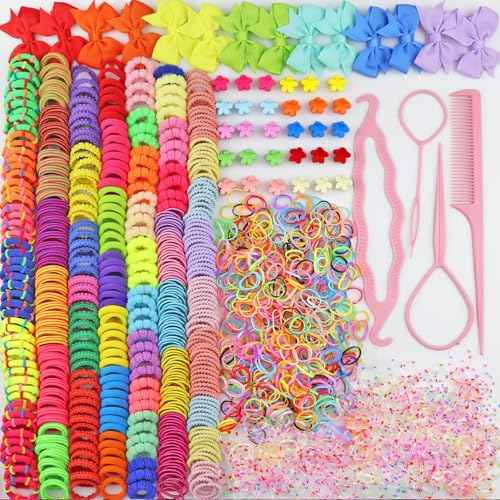 1225 Pcs+ Baby Girls Hair Ties Seamless Cotton Elastics Hair Bands Colorful Mini Rubber Tie Bow Hair Clips Flower Claws Assorted Ponytail Holders Soft for Thin Hair Braids Kids Toddler Little One