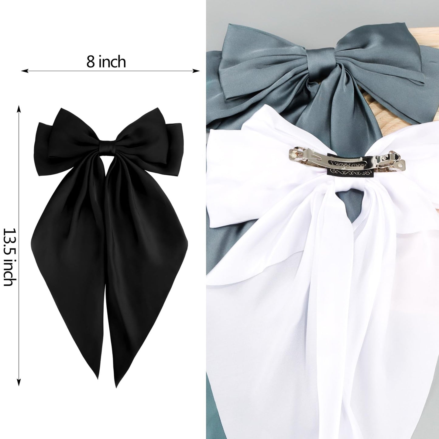 Velscrun Hair Bows for Women Girls 3Pcs White Silky Satin Large Hair Bow Blue Coquette Bow Navy Blue Big Bows Hair Clip Oversized Hair Ribbons Long Tail Hair Bow Hair Barrettes Hair Accessories Gifts