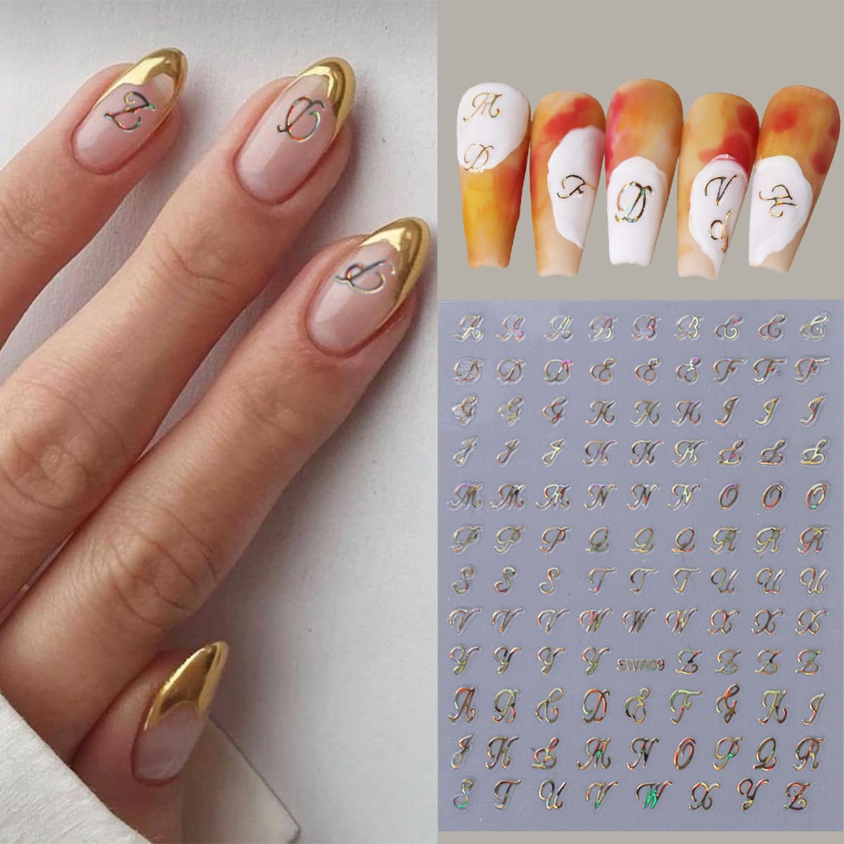 6 Sheets English Letters Nail Stickers for Nail Art Supplies 3D Self-Adhesive Gold White Laser Black Retro Letters Design Nail Art Stickers Alphabet Nail Decals for Women Nail Decoration Kit