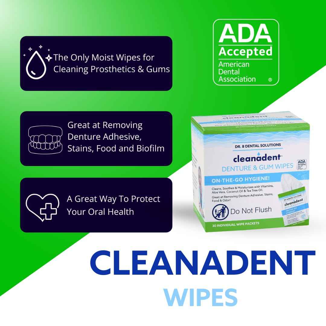 Dr. B Dental Solutions Cleanadent Wipes - Convenient Denture Cleaning Wipes, Refreshes Gums, No Artificial Colors/Flavors - 30 Count