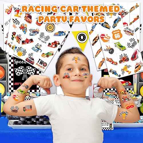 96 PCS Racing Car Pre-Cut Temporary Tattoos for Kids | Super Cute Racing Car Themed Birthday Party Favors, Supplies, Decorations, Fake Tattoo Stickers (Multiple)