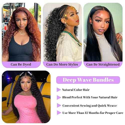 30 Inch Deep Wave Human Hair Bundles 1 Bundle Deep Wave Bundles 100% Unprocessed Brazilian Virgin Hair Curly Bundles Hair Extensions Real Human Hair Wavy Quick Weave Bundle Natural Black