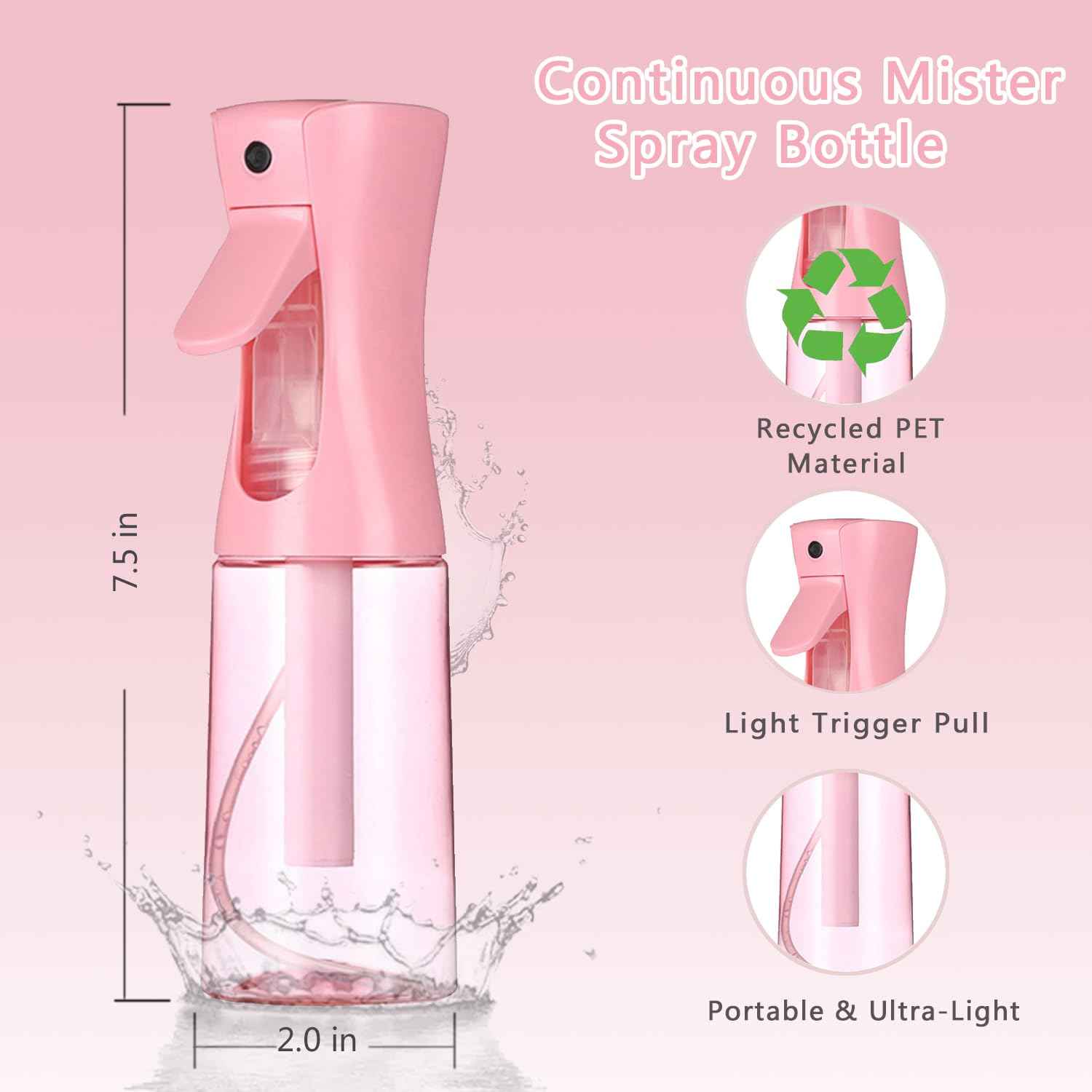 ESSKAM Hair Spray Bottles, Continuous Spray Bottle, Fine Water Mist Spray Bottles for Hair, 2-Pack 6.8 OZ (200 ML) Mister Spray Bottle for Cleaning,Plants,Barbers,Pink