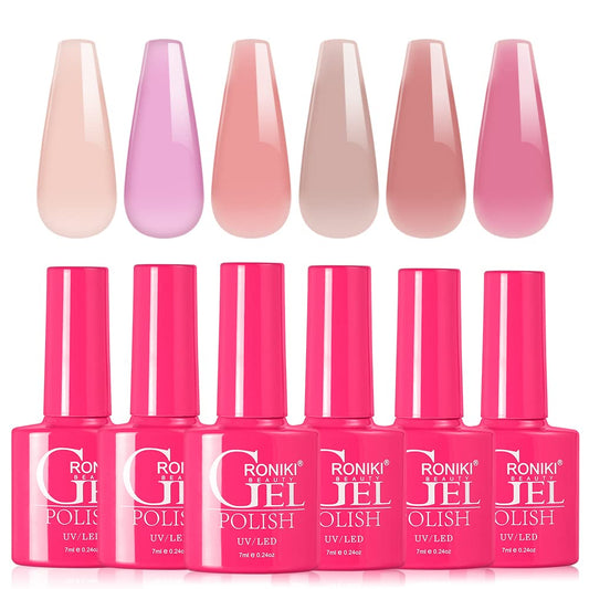 RONIKI 6 Colors Jelly Gel Nail Polish Set - Sheer Nude Pink Transparent Red Gel Polish Kit, Soak Off UV LED Neutral Nail Polish DIY Home French Nail Art Design Gifts for Women