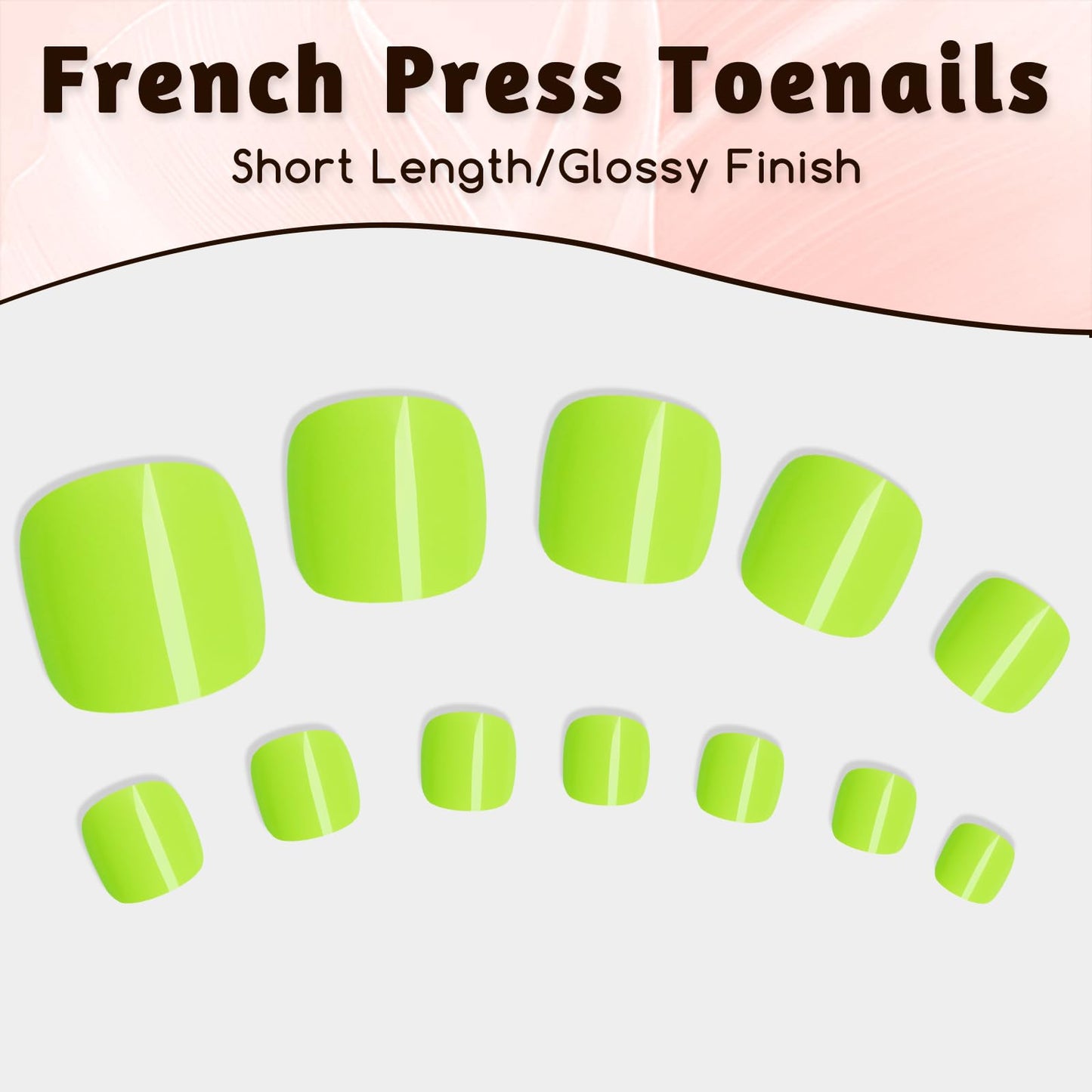 Bellelfin Short Press on Toenails, 240Pcs Square Bright Green Fake Toes Nails Kit Full Cover Glossy False Toenail Press ons Solid Color Acrylic Glue on Toenails for Women Girls