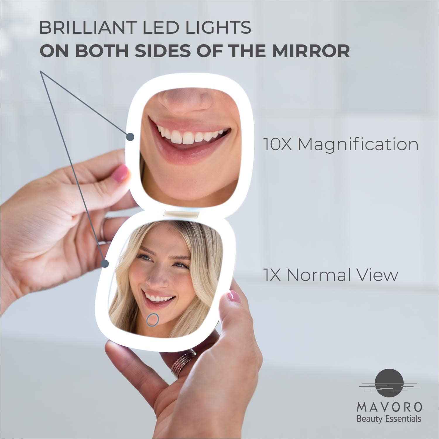 Mavoro LED Lighted Travel Makeup Mirror, Rechargeable, 1x/10x Magnification (Champagne Gold)
