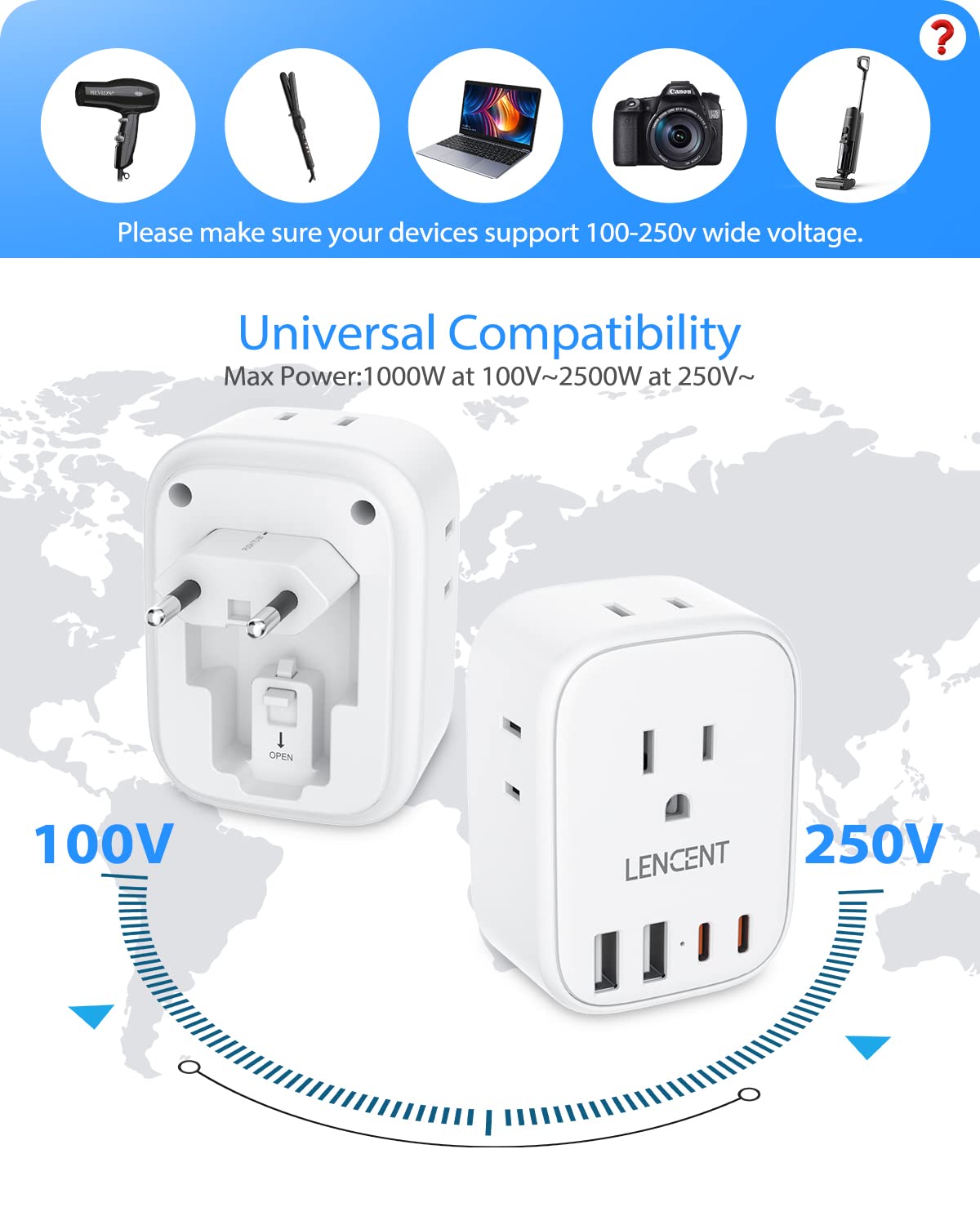 European Travel Plug Adapter, LENCENT International Type-C Foldable Power Plug with 4 Outlets, USB C Charger Adaptor, US to Most of Europe EU Iceland Spain Italy France Germany, Cruise Ship Approved