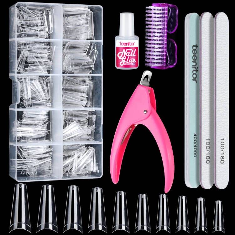 Teenitor Clear Coffin Nail Tips Kit, Clear Nail Tips Half Cover Coffin Fake Nail Tips Long, 500 Pcs Acrylic Nail Tips Half Cover Ballerina French Nail Tips With Glue, Acrylic Nail Clipper