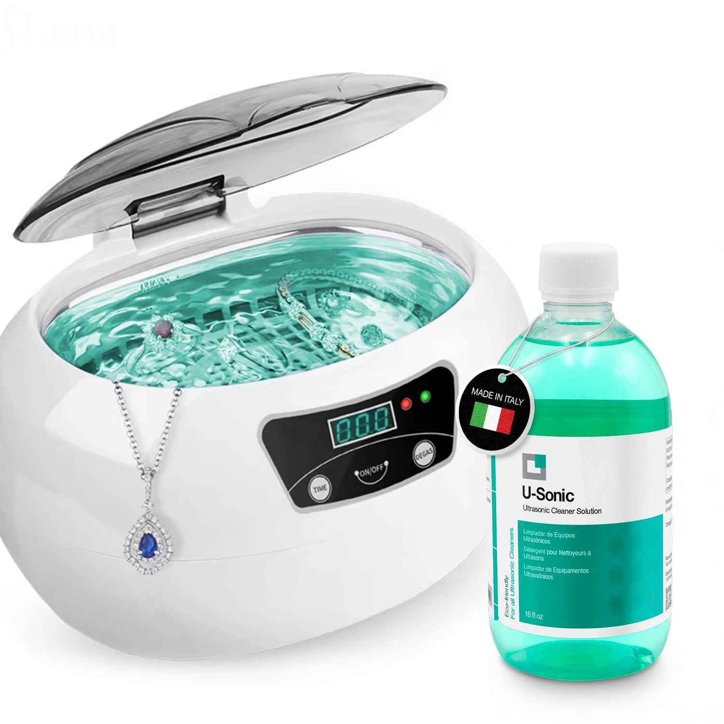 ERRECOM U-Sonic, Ultrasonic Cleaner Solution for Ultrasonic Machine Cleaners, Concentrate, Effective & Gentle Formulation for Jewels, Glasses, Aligner, Dentures, Small Accessories, 17 fl oz (500 mL)