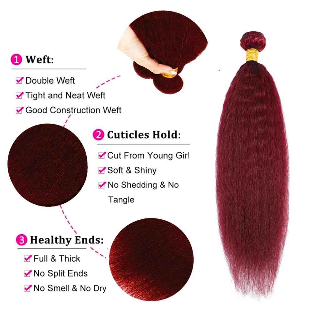 99J Human Hair Bundles Red Kinky Straight Human Hair Bundle Burgundy Yaki Bundle 20 20 20 inch Wine Red Bundles 300g