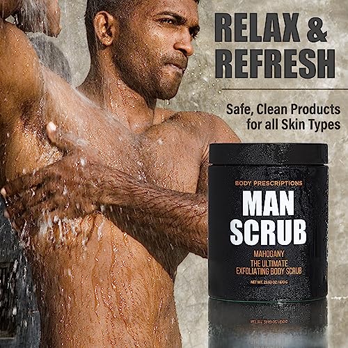Body Prescriptions Men¡¯s Exfoliating Body Scrub ? Ultimate Skin Cleansing Wash in Jar with Twist-Top Lid, For All Skin Types, 21 Ounce (Pack of 4), Mahogany