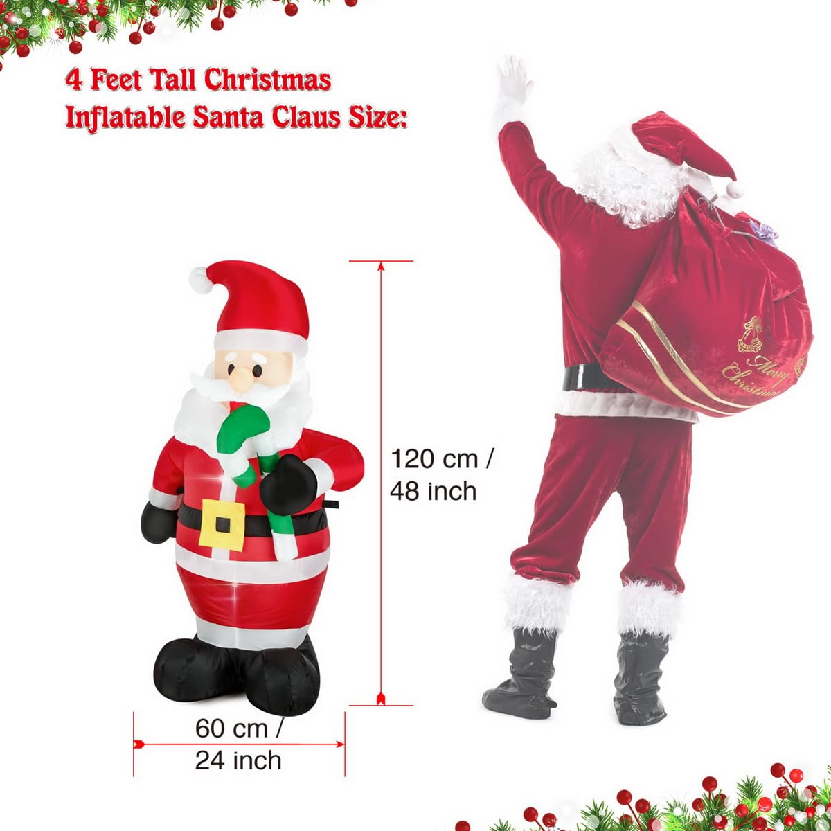 FARONZE Christmas Inflatable Santa Claus Holds Candy Cane Lighted Indoor & Outdoor Christmas Yard Lawn Blow-Up Decoration with Built-in Fan and Anchor Ropes 4 Feet Tall (Santa Holds Candy Cane)