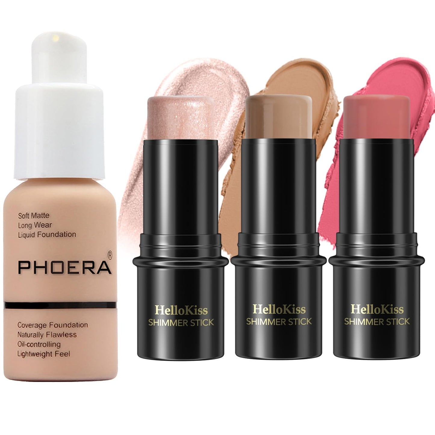 PHOERA Foundation,3 PCS Contour Stick Makeup Kit,Shades with Highlighter Stick,Blush Stick and Bronzer Contour,PHOERA Makeup Matte Natural Finish(103+ Fair-Light Contour/Warm peach+#03,#09,#12)