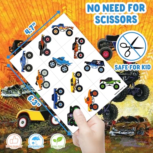 96 PCS Monster Truck Race Car Pre-Cut Temporary Tattoos for Kids | Super Cute Themed Birthday Party Favors, Supplies, Decorations, Fake Tattoo Stickers, Rewards & Gifts for Boys Girls
