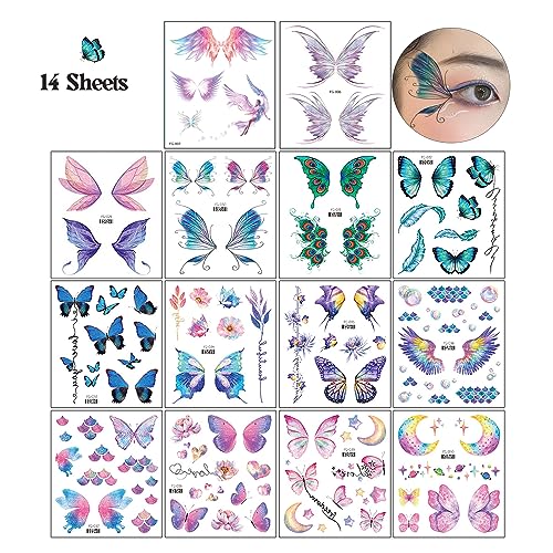 14 Sheet Glitter Butterfly Temporary Tattoos Waterproof