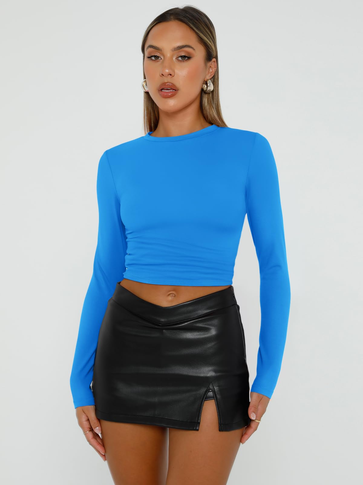 Trendy Queen Womens Long Sleeve Shirts Basic Spring Crop Tops Tees Tight Slim Fit Cute Going Out Outfits Teen Girls Fall Winter Y2k Clothes 2024 Blue XS