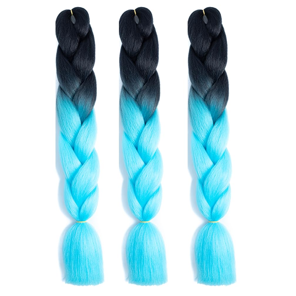 Braiding Hair Ombre Black to Sky Blue Kanekalon Braid Hair Extensions Hot Water Setting High Temperature Synthetic Fiber 24 Inches(B23-3Pack)