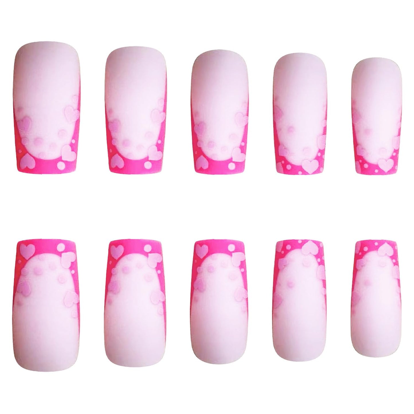 Press on Nails Long Length Pink Love Heart False Nails with Design Valentine's Day Pink French Heart Nails Artificial Acrylic Nails Full Cover Glossy Coffin Fake Nails Glue on Nails for Women 24Pcs