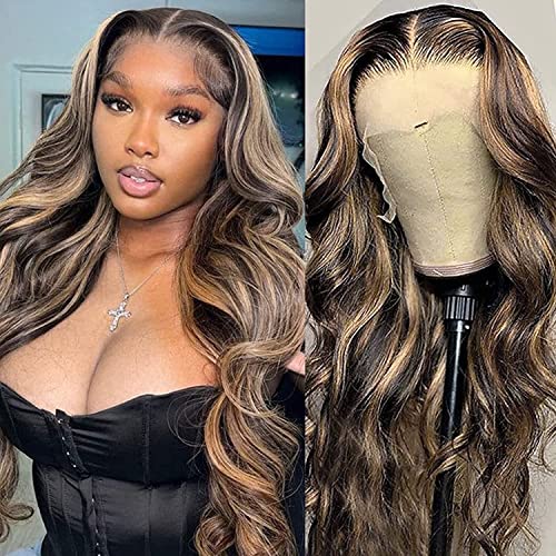 MEGALOOK Highlight Ombre HD 13x4 Lace Front Wigs Human Hair Pre Plucked 200% Density Balayage Wig Human Hair Body Wave Lace Front Wigs Human Hair for Women FB27# 24 Inch