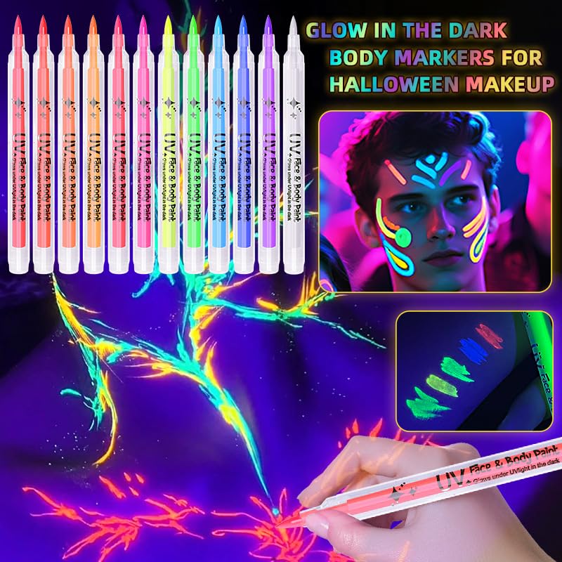 12-Color UV Glow Face & Body Paint Markers - Neon Black Light