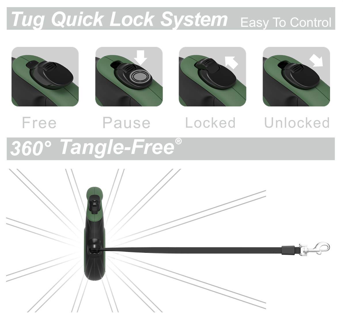 TUG 360° Tangle-Free Retractable Dog Leash with Anti-Slip Handle | 16 ft Strong Nylon Tape | One-Handed Brake, Pause, Lock (Small, Green)