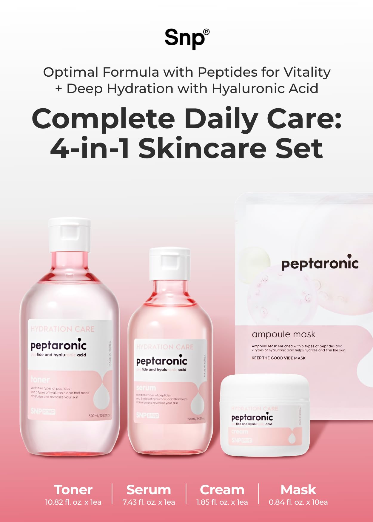 [K Beauty Snp] 4-in-1 Peptaronic Skincare Set | Peptide and Hyaluronic Acid Complete Skin Care Set | Includes Facial Toner, Cream, Face Serum, and Ampoule Sheet Face Masks | Skin Care Gift Set of 1