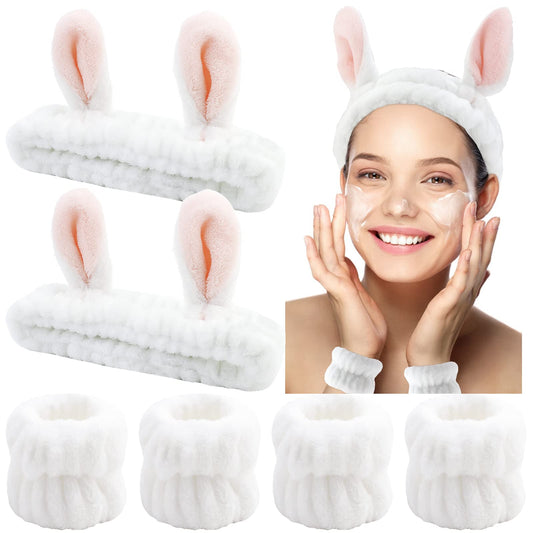 YISSION 6Pcs Face Wash Headbands and Wristbands Set Bunny Ears Headbands Spa Headband Makeup Headband Skincare Headbands with Wristbands for Women Girls Washing Face(White)