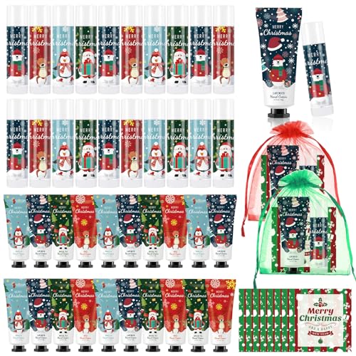 24 Set Christmas Hand Cream Gift Set, Including Moisturizing Hand Lotion, Xmas Lip Balm, Gauze Bags, Thank You Cards Natural Fragrant Bulk Christmas Gifts for Coworkers Employees Stuffers