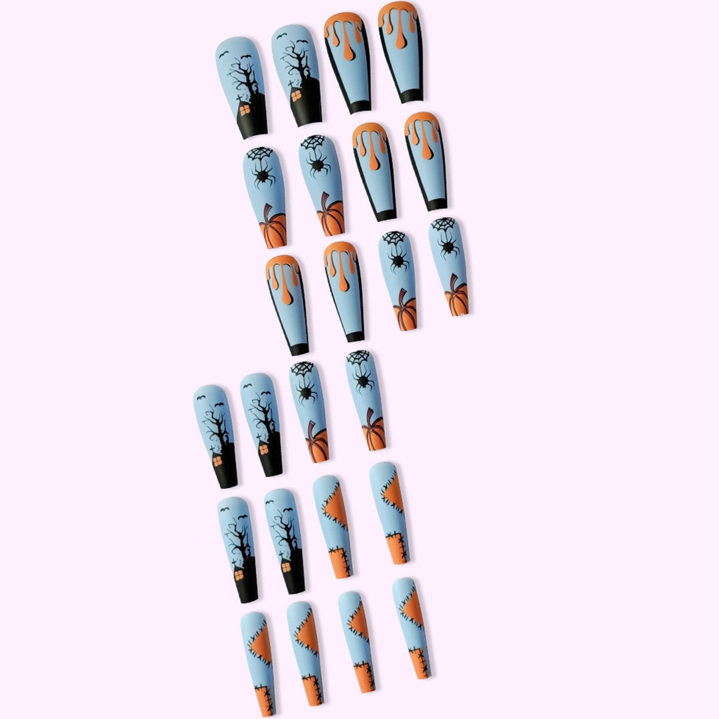 Halloween Press on Nails Long Coffin Fake Nails Matte Glue on Nails Blue Acrylic Nails with Spider Pumpkin Bat Designs Spider Web False Nails Halloween Stick on Nails for Women 24Pcs