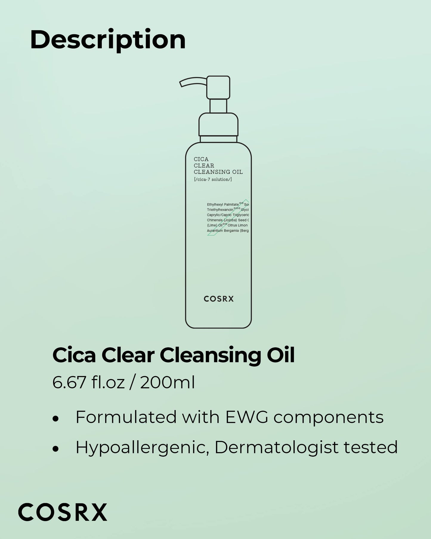 COSRX Pure Fit Cica Cleansing Oil, 6.76 fl. oz / 200ml | Light Weight Oil Purifying Centella for Sensitive Skin | CICA-7 Complex, Jojoba seed oil