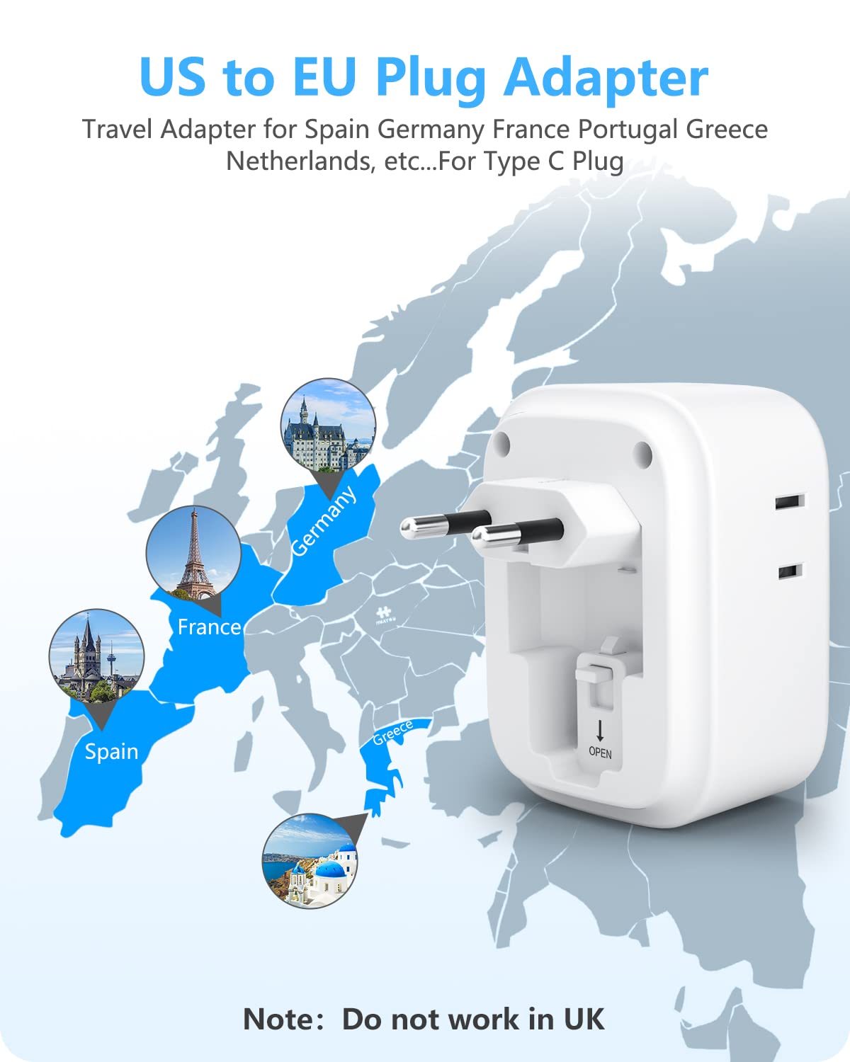 European Travel Plug Adapter, LENCENT International Type-C Foldable Power Plug with 4 Outlets, USB C Charger Adaptor, US to Most of Europe EU Iceland Spain Italy France Germany, Cruise Ship Approved